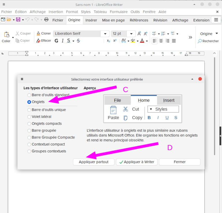 Onglets ruban LibreOffice